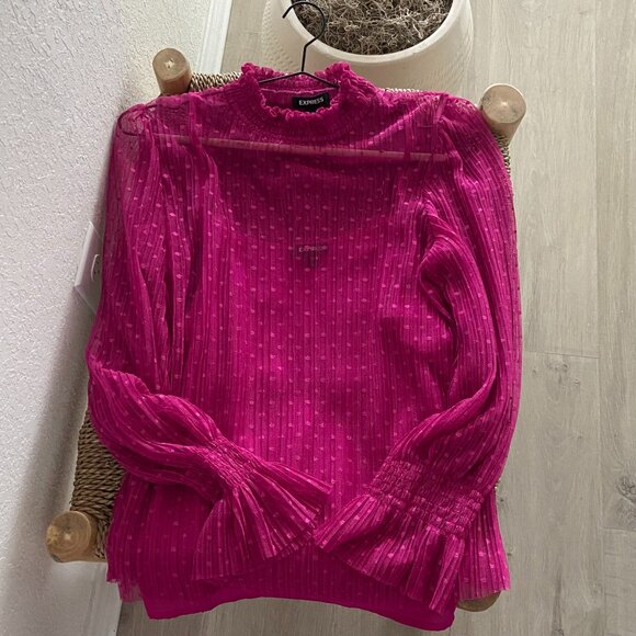 Classy Polka Dot EXPRESS Women's Top w/Camisole, Large Size Pink Mesh Dressy Top - Picture 1 of 15